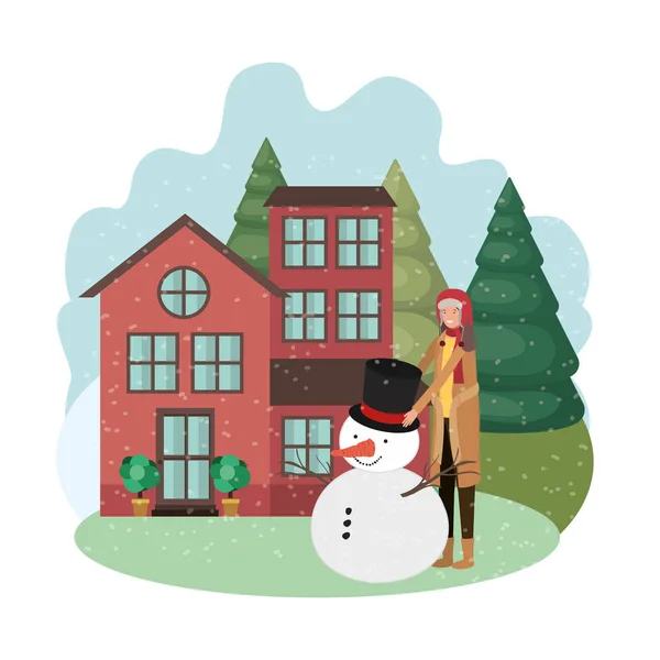 冬に雪だるまと家を持つ男 — ストックベクタ