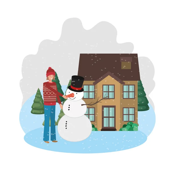 Kvinna med snögubbe och hus på vintern — Stock vektor