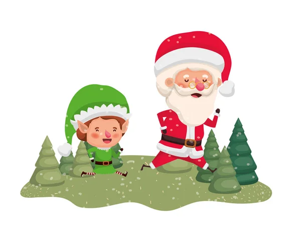 Święty Mikołaj z elfem poruszający się z choinkami — Wektor stockowy