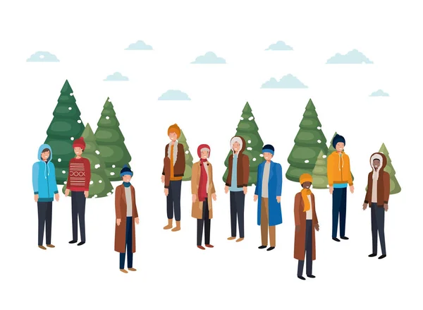 Groep mensen met winter kleding en kerst bomen avatar karakter — Stockvector