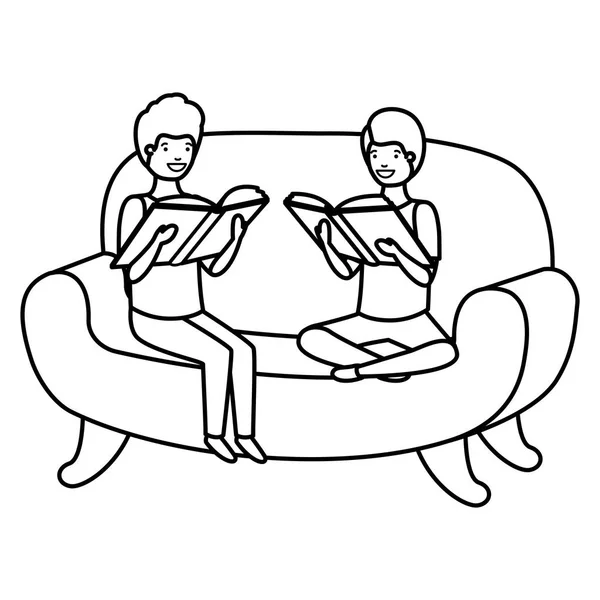 Män sitter i soffan med bok avatar karaktär — Stock vektor