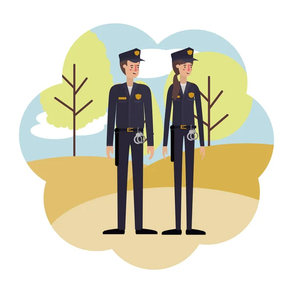 Couple of police with landscape avatar character — Stock Vector