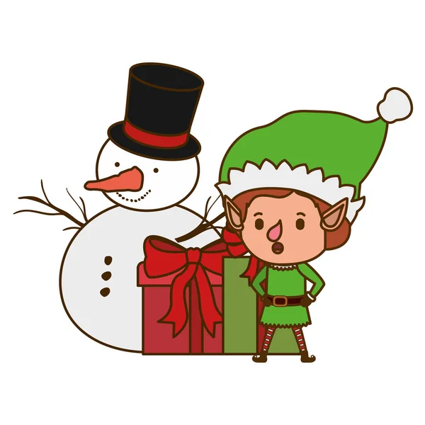 Эльф с подарками боксы и аватар снеговика характер — стоковый вектор
