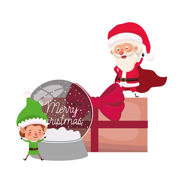 Santa claus y elfo con bola de cristal — Vector de stock