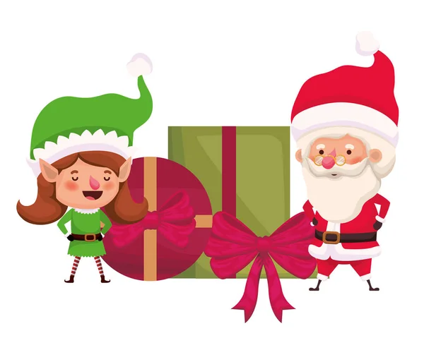 Santa claus y mujer elfa con cajas de regalos — Vector de stock