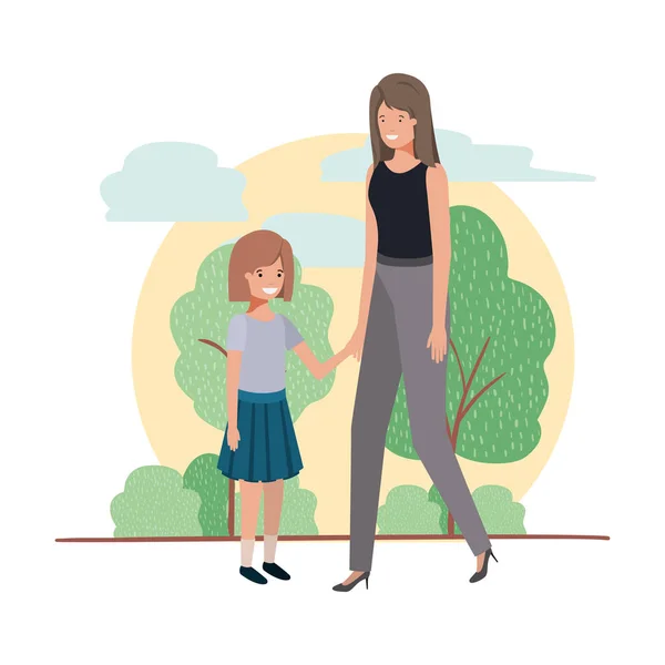 Mother and daughter in landscape avatar character — Stock Vector