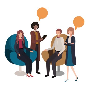 Grup insanlar iş ile konuşma balonu