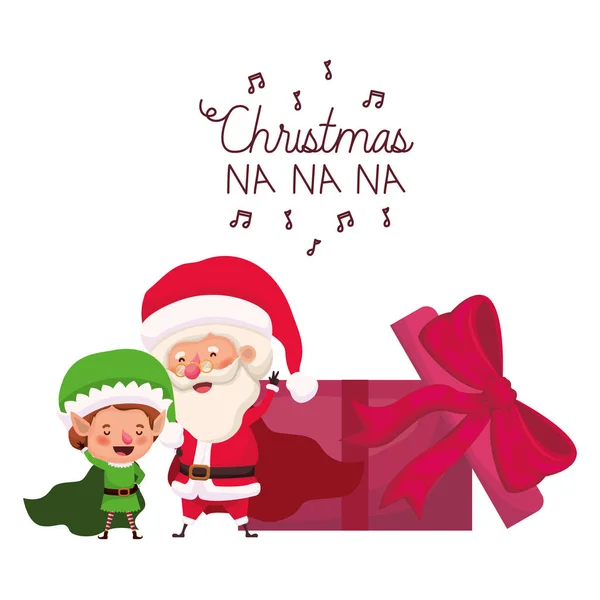 Kerstman en elf met geschenk doos — Stockvector