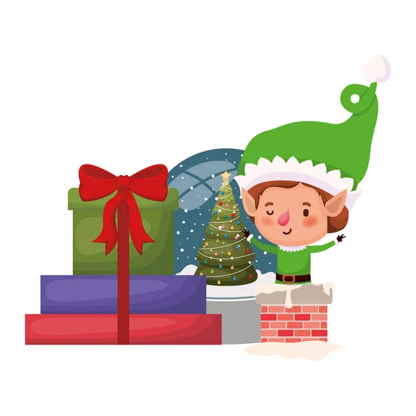 Elfe mit Geschenkbox und Kristallkugel — Stockvektor