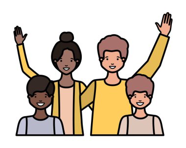 aile gülümseyen ve avatar karakter sallayarak