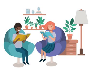 oturma odası avatar karakteri kitap ile çocuk çift