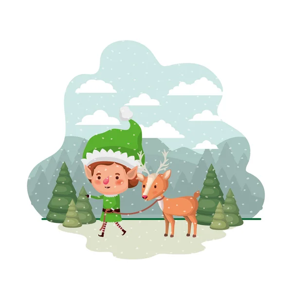 Elfo com renas e árvores de Natal com neve caindo —  Vetores de Stock