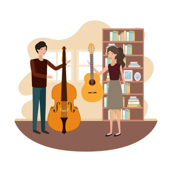 Paar mit Musikinstrumenten im Wohnzimmer — Stockvektor