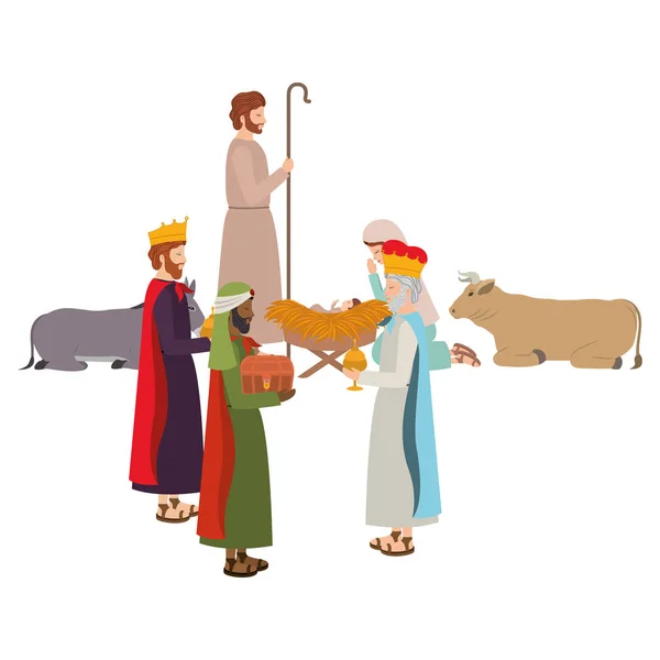 Bilge krallar ve hayvanlar ile kutsal aile — Stok Vektör