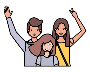 aile gülümseyen ve avatar karakter sallayarak