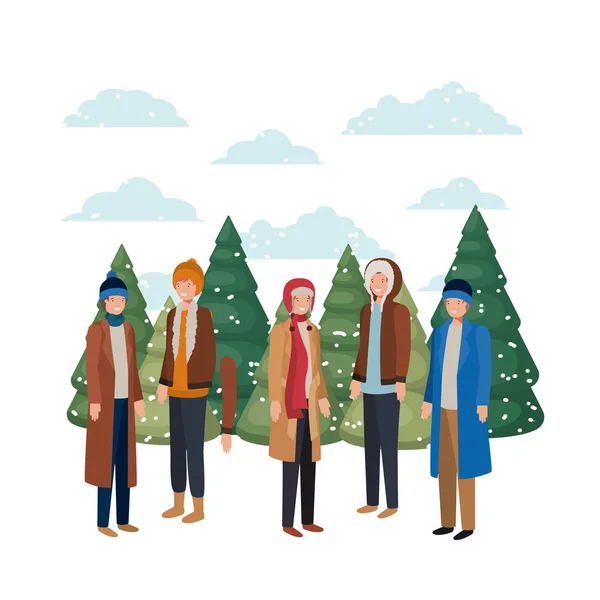 Groupe de personnes avec des vêtements d'hiver et des arbres de Noël avatar caractère — Image vectorielle