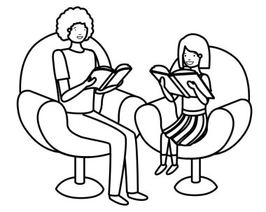 baba ve kızı kitap avatar karakteri ile kanepede oturan