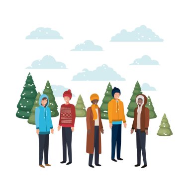 avatar karakter bir grup insan kış giysileri ve Noel ağaçları