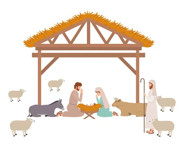Holy family in stable with animals characters — Stock Vector