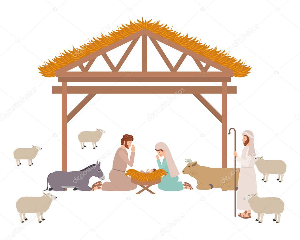 holy family in stable with animals characters