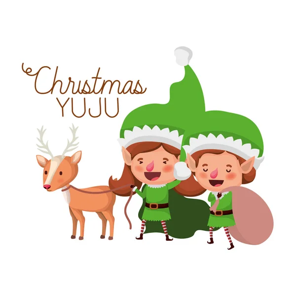 Elves couple with sleigh and merry christmas time — Stock Vector