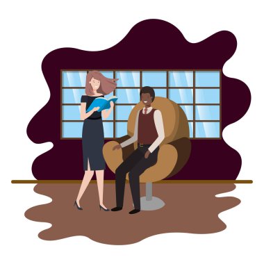 man sitting in chair and woman with book clipart