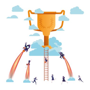 roket ve kupa avatar karakteri üzerinde iş kadınları