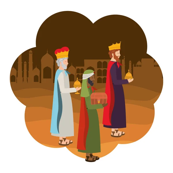 Wise kings manger characters — Stock Vector