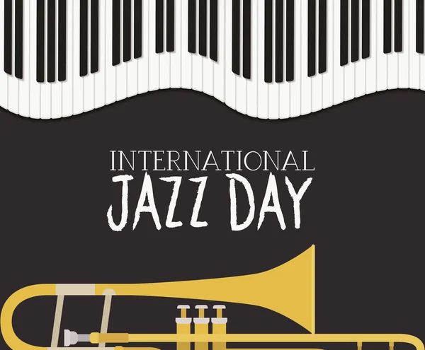 Cartel del día de jazz con teclado de piano y trompeta — Vector de stock