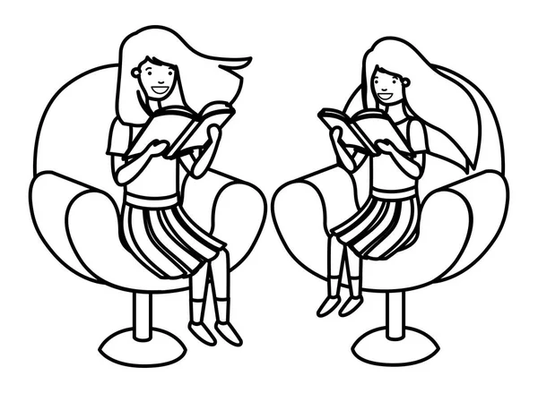 Frauen sitzen auf Sofa mit Buch-Avatarfigur — Stockvektor