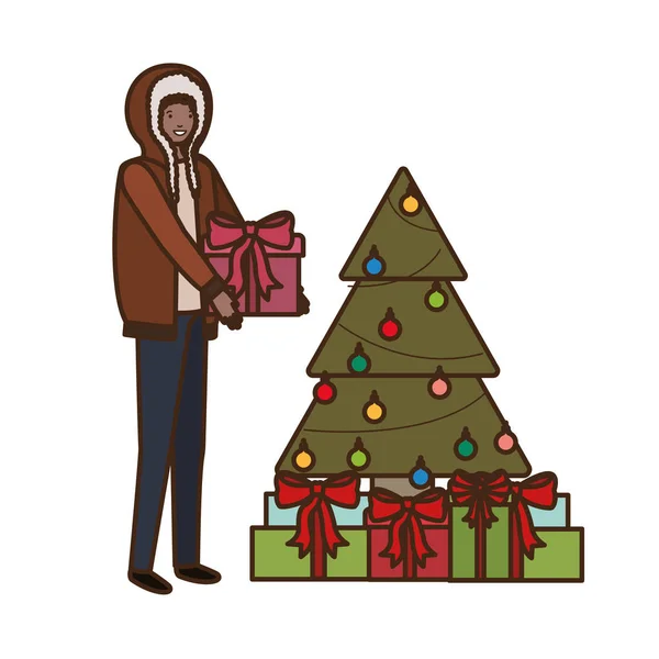 Ember karácsonyfát és ajándékok dobozok — Stock Vector