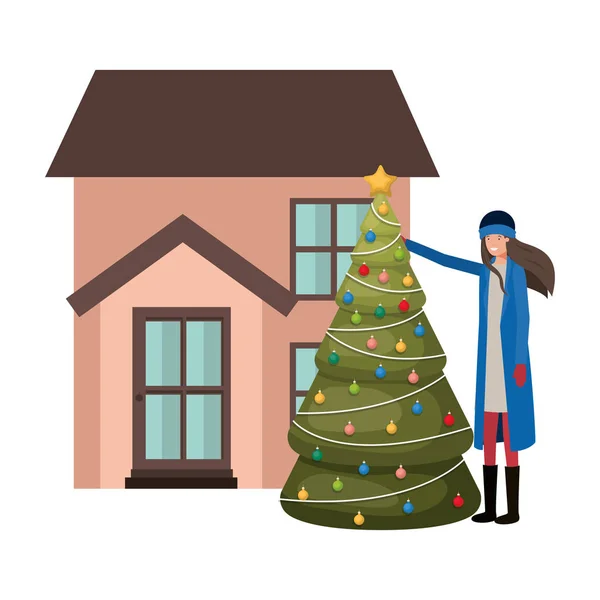 Vrouw met kerstboom buiten het huis — Stockvector