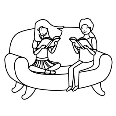 kitap avatar karakteri ile kanepede oturan çocuk çift