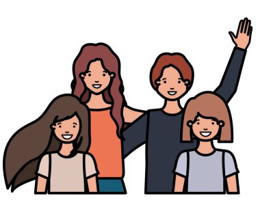 aile gülümseyen ve avatar karakter sallayarak