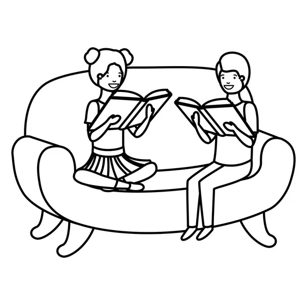 Couple of children sitting in sofa with book avatar character — Stock Vector