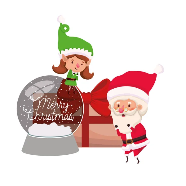 Weihnachtsmann und Elfenfrau mit Kristallkugel — Stockvektor