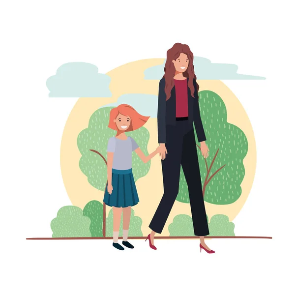 Mother and daughter in landscape avatar character — Stock Vector