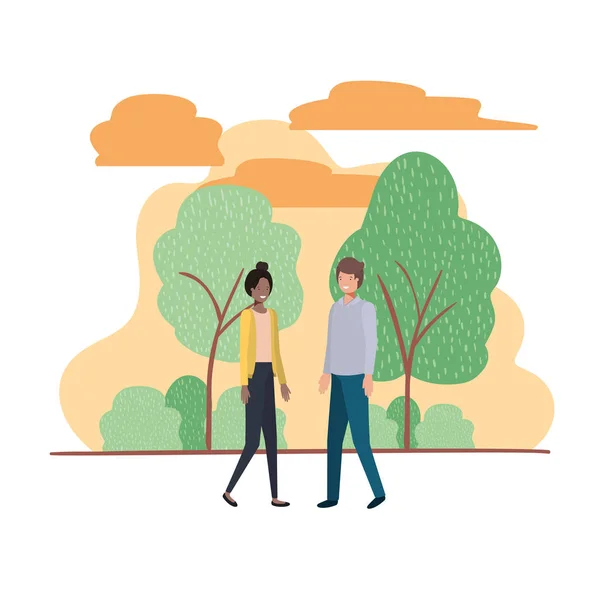 Joven pareja con paisaje avatar carácter — Vector de stock