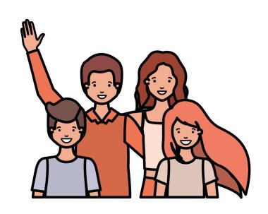 aile gülümseyen ve avatar karakter sallayarak