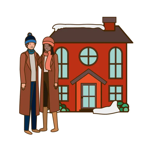 Couple avec maison en hiver avatar personnage — Image vectorielle