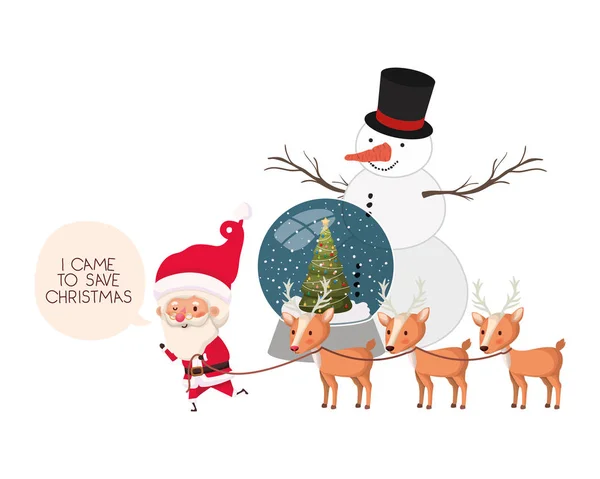Weihnachtsmann mit Schneemann und Kristallkugel — Stockvektor