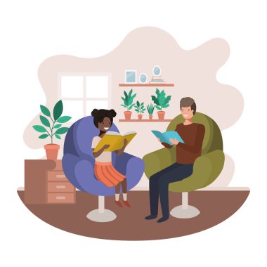 oturma odası avatar karakteri kitap ile baba ve kızı