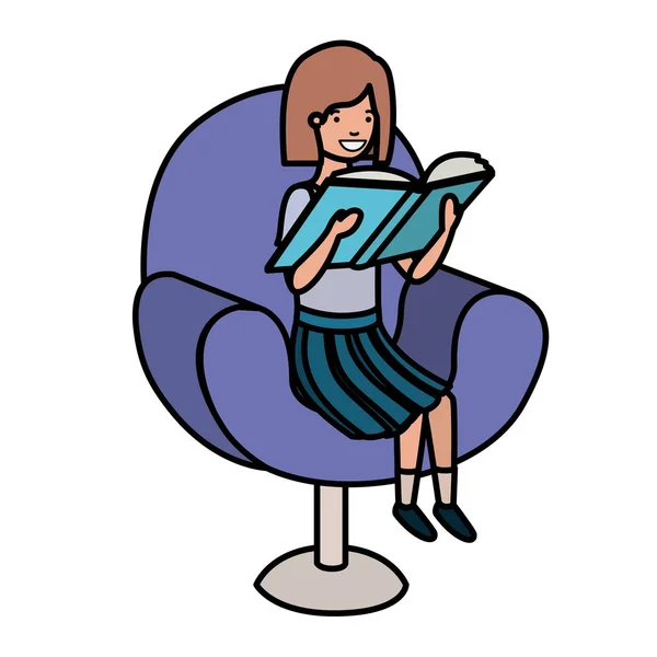 Woman reading book in the sofa avatar character — ストックベクタ