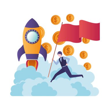 bayrak ve uçan roket ile çalışan işadamı