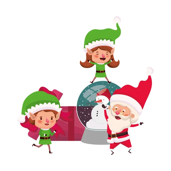 Párek elfů a Santa Clause s dárky v krabicích — Stockový vektor