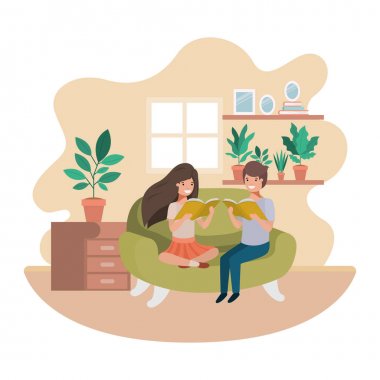 oturma odası avatar karakteri kitap ile çocuk çift