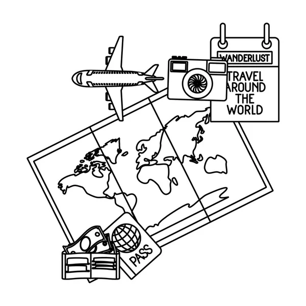 Mapa de papel con los iconos de viaje alrededor del mundo — Vector de stock