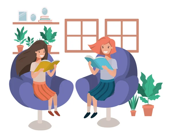 Frauen mit Buch in Wohnzimmeravatarfigur — Stockvektor