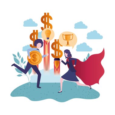 kahraman pelerin ve simgeler seti ile iş çift