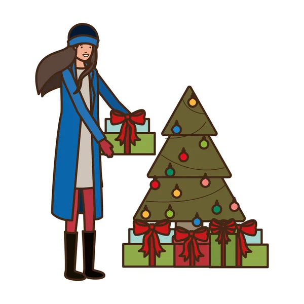 크리스마스 트리와 선물 상자를 가진 여성 — 스톡 벡터